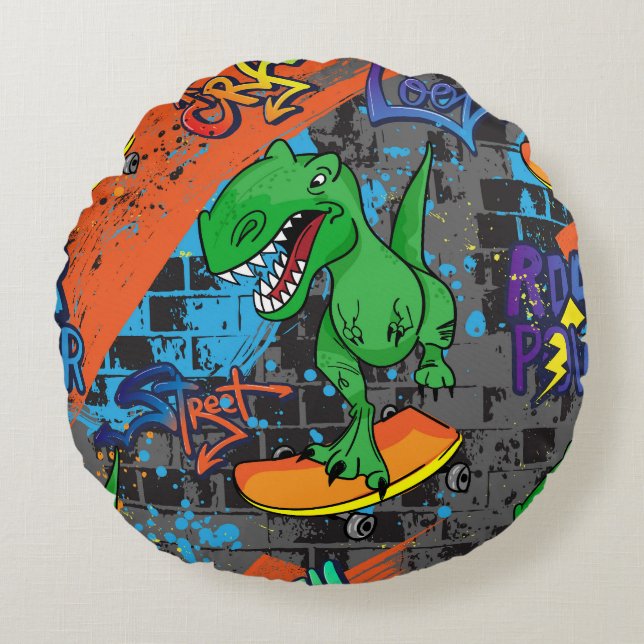 Coola Dinosaur Skateboard Seamless Mönster Rund Kudde (Framsidan)