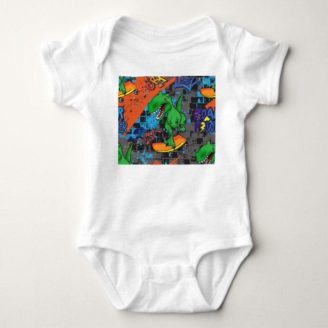 Coola Dinosaur Skateboard Seamless Mönster T Shirt (Framsida)