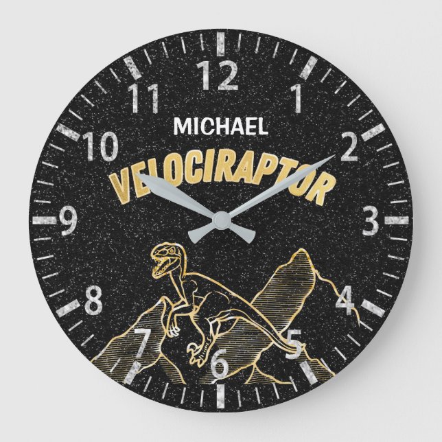 Coola Dinosaur Velociraptor Guld Lineart Clock Stor Klocka (Framsida)