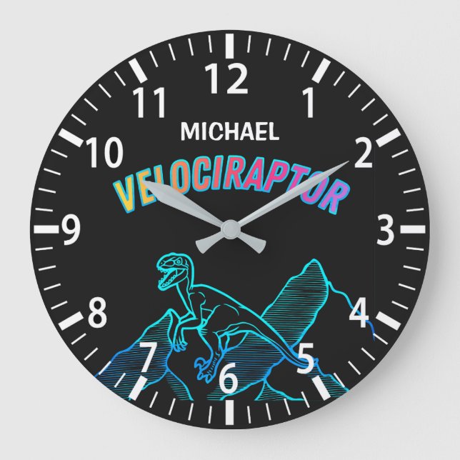 Coola Dinosaur Velociraptor Neon Lineart Clock Stor Klocka (Framsida)