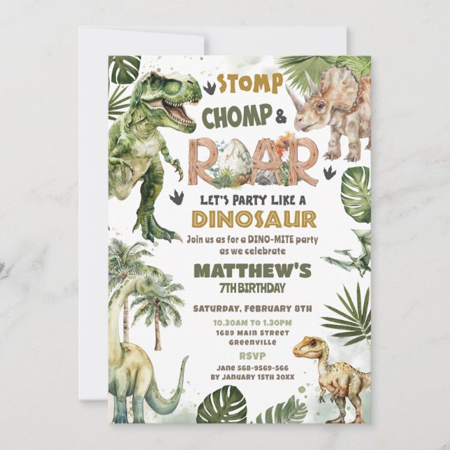 Coola Dinosaurs Jurassic Greenery Roarsome Birthda Inbjudningar (Framsida)