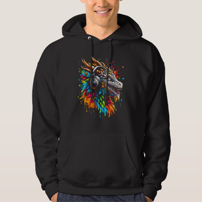 Coola Dragon Headphone Music Art Juldagen Hoodie (Framsida)