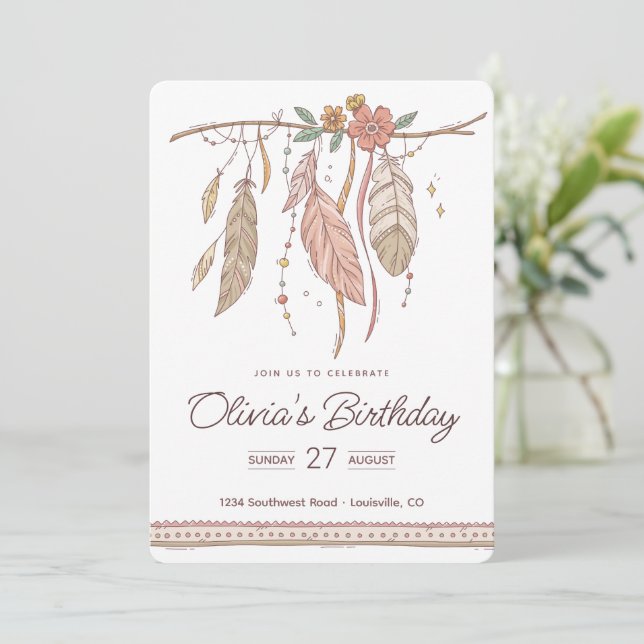 Coola Dreamcatcher Birthday Boho Birthday Inbjudningar (Stående Fram)