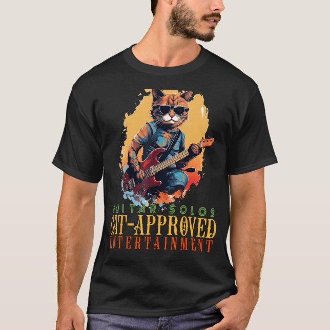 Coola Electric Guitar Cat for Riffs and Sten'n Rol T Shirt (Framsida)