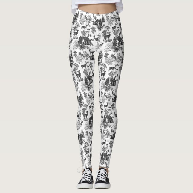 Coola Elegant Svartvit Fransk Hjort Toile Leggings (Framsida)