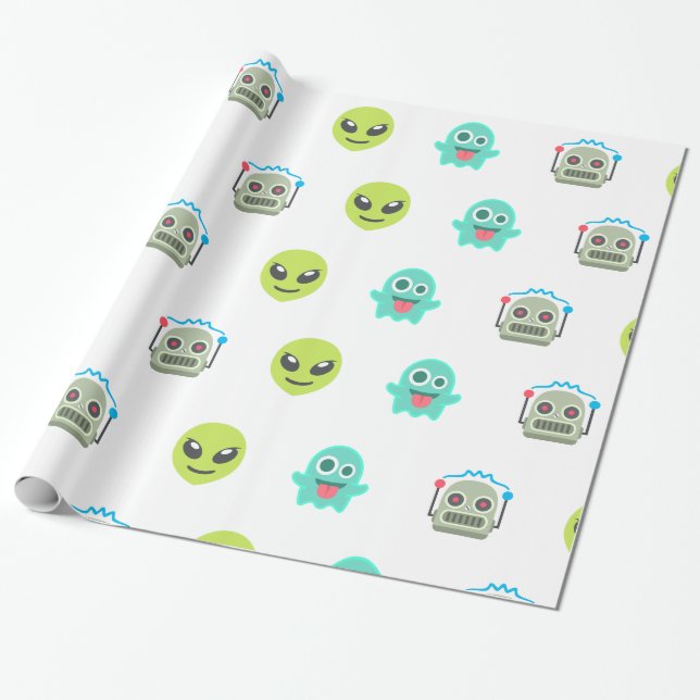 Coola Emoji Alien Ghost Robot Ansikte Mönster Presentpapper (Utrullad)