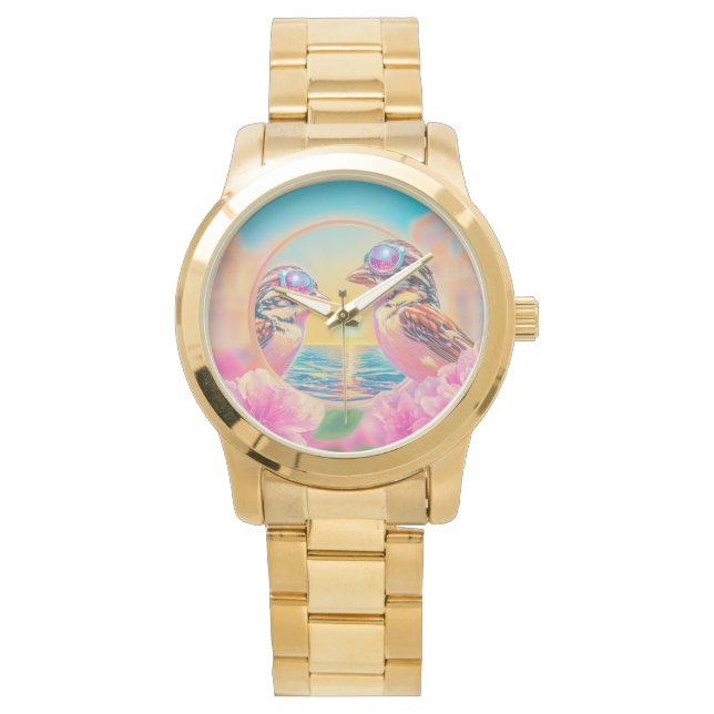 Coola Fåglar med solglasögon vid solnedgång Armbandsur (Framsida)