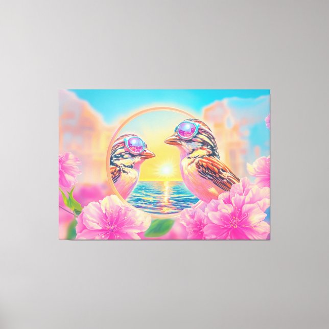 Coola Fåglar med solglasögon vid solnedgång Canvastryck (Framsida)