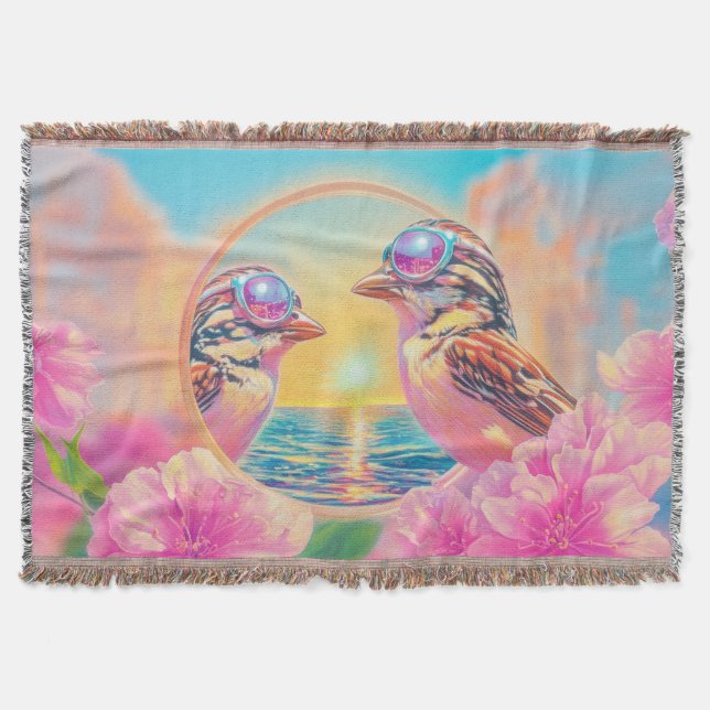 Coola Fåglar med solglasögon vid solnedgång Filt (Framsidan)