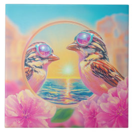 Coola Fåglar med solglasögon vid solnedgång Kakelplatta