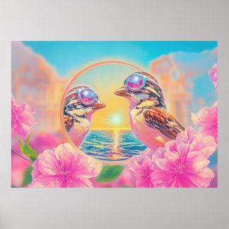 Coola Fåglar med solglasögon vid solnedgång Poster
