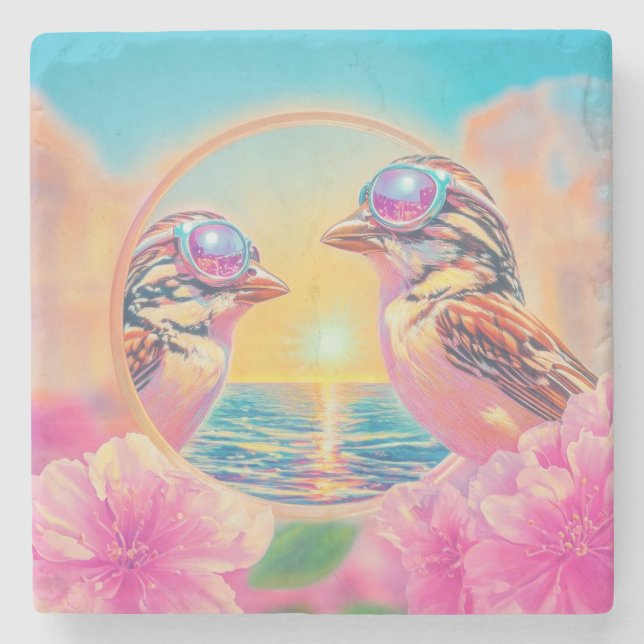 Coola Fåglar med solglasögon vid solnedgång Stenunderlägg (Framsidan)