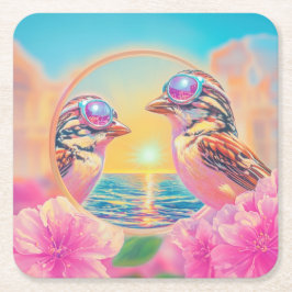 Coola Fåglar med solglasögon vid solnedgång Underlägg Papper Kvadrat