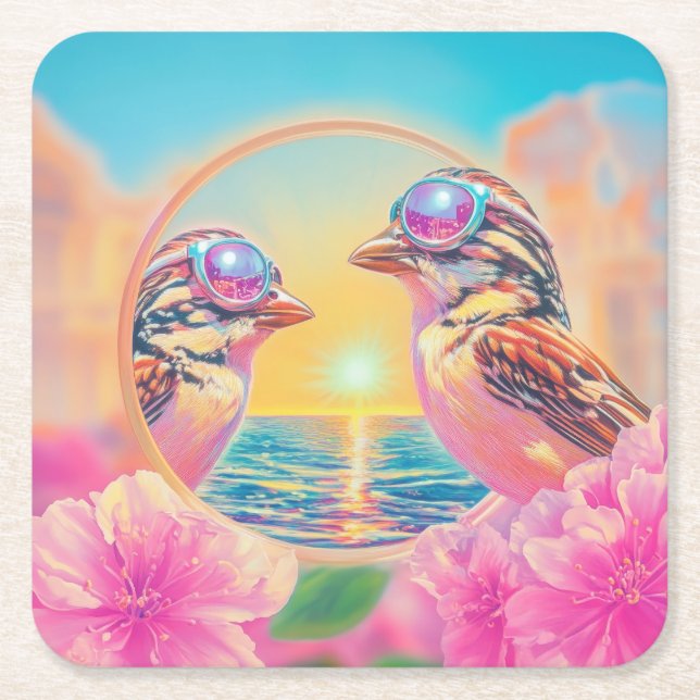 Coola Fåglar med solglasögon vid solnedgång Underlägg Papper Kvadrat (Framsidan)