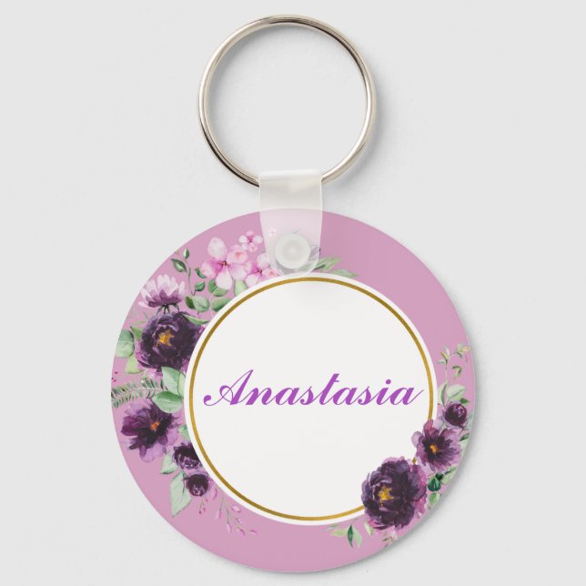 Coola, Fantastisk, Lila blommor, ditt namn Nyckelring (Framsida)