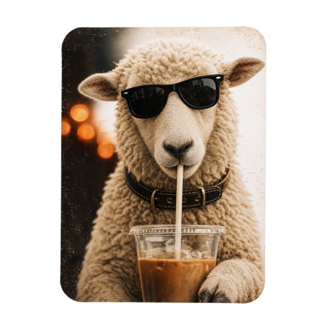 Coola får som dricker iskaffe magnet (Vertikal)