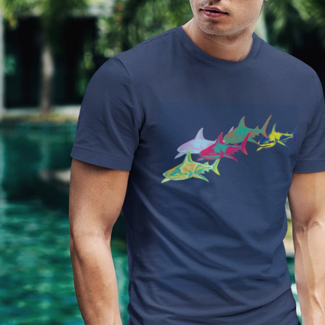 Coola Färgaktiga hajar Tee Shirt (colorful graphic illustration of sharks)