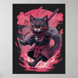 Coola Fire and Smoke Black Ninja Cat Warrior Poster