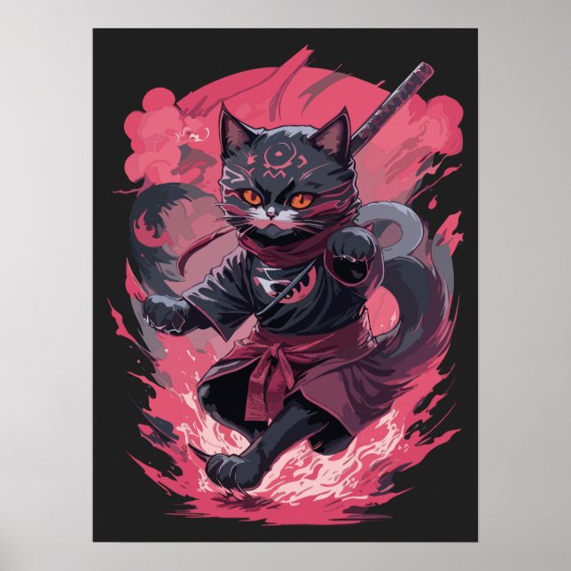 Coola Fire and Smoke Black Ninja Cat Warrior Poster (Framsidan)