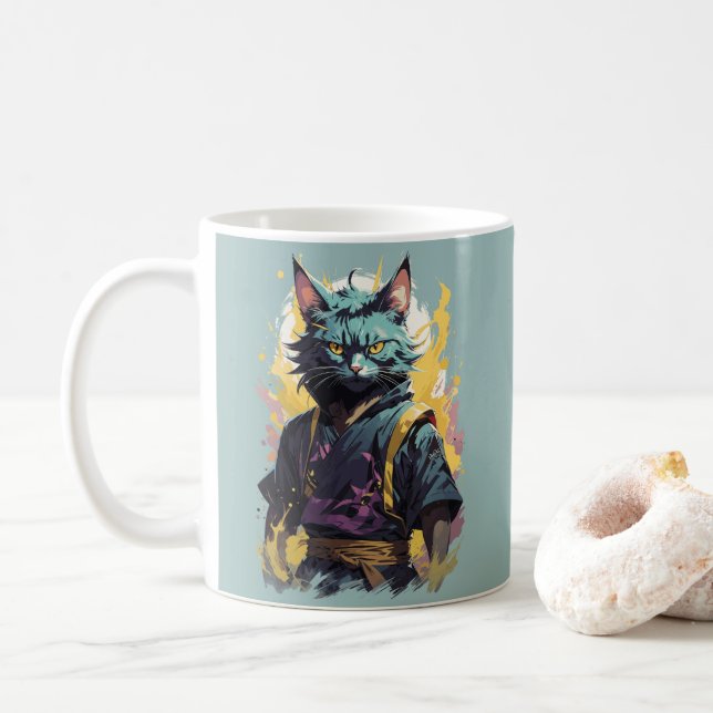 Coola Fire Stänk Grått Ninja Cat Warrior Kaffemugg (Med munk)