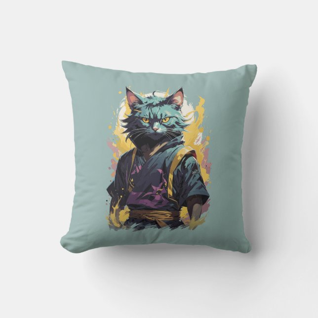 Coola Fire Stänk Grått Ninja Cat Warrior Kudde (Framsida)