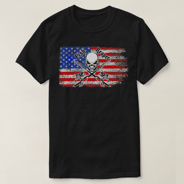 Coola Fish Fear Me Skull Amerikanskt Flagga Amerik T Shirt (Design framsida)