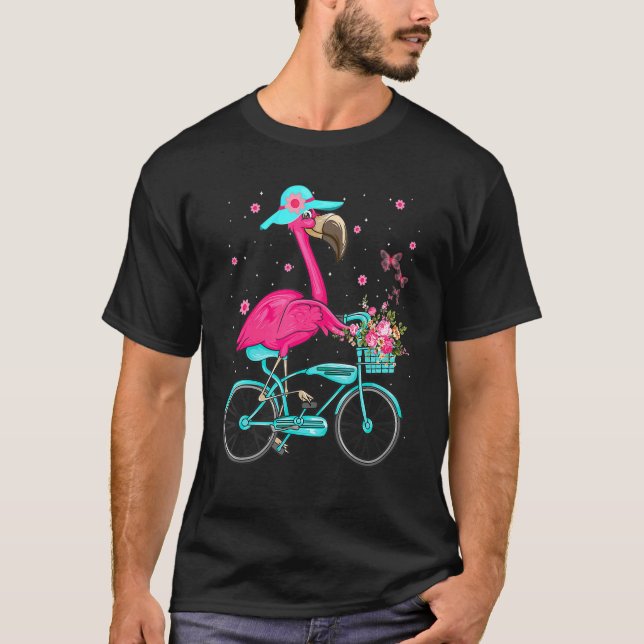 Coola Flamingo Riding A Bike Cycling Bird T Shirt (Framsida)
