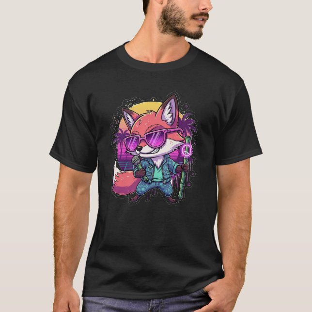 Coola Fox-DJ:n rapar med neonbambu-mikrofon - Retr T Shirt (Framsida)