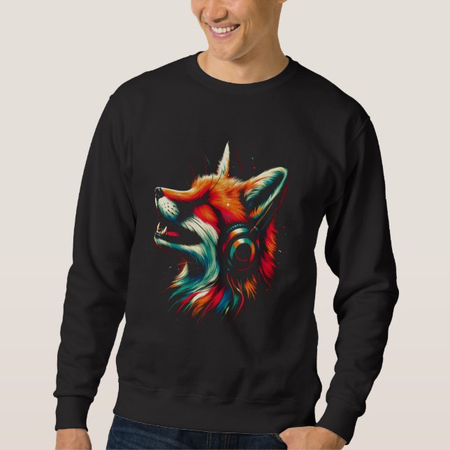 Coola Fox Headphone Music Art Juldagen Lång Ärmad Tröja (Framsida)