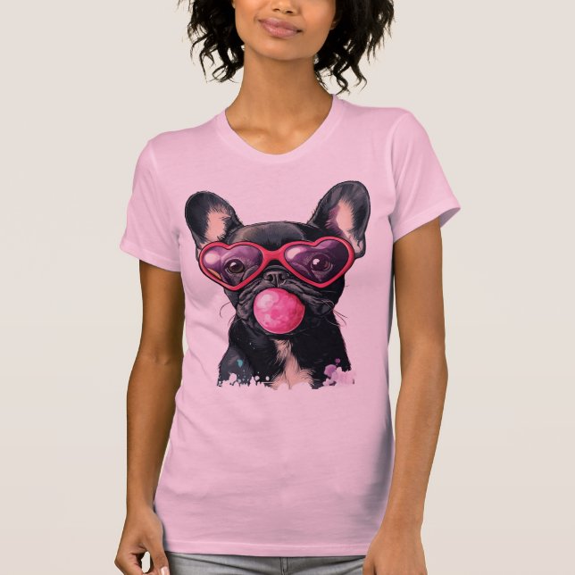 Coola Fransk Bulldog T- Shirt - Hund med hjärtglas T Shirt (Framsida)