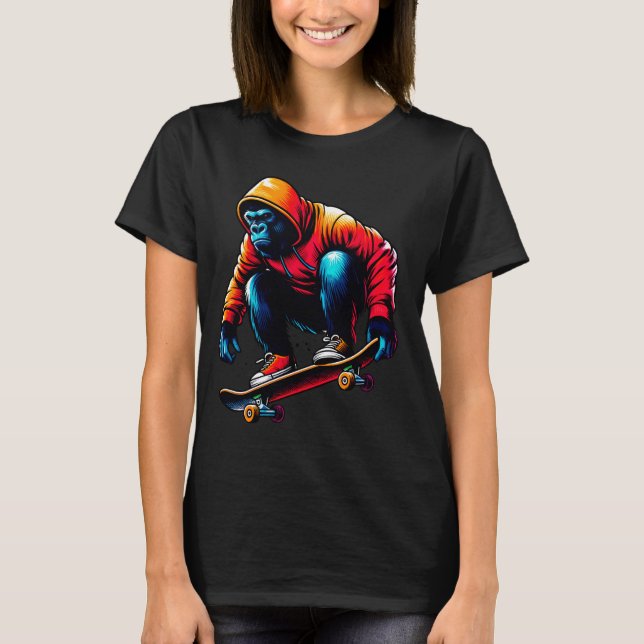 Coola Funky Gorilla Skateboarding Illustration Art T Shirt (Framsida)