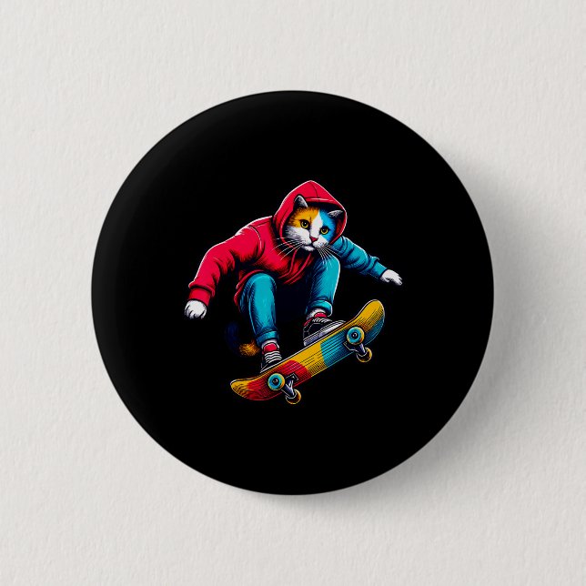 Coola Funky Katt Skateboardåkande Kattälskare Illu Knapp (Framsida)
