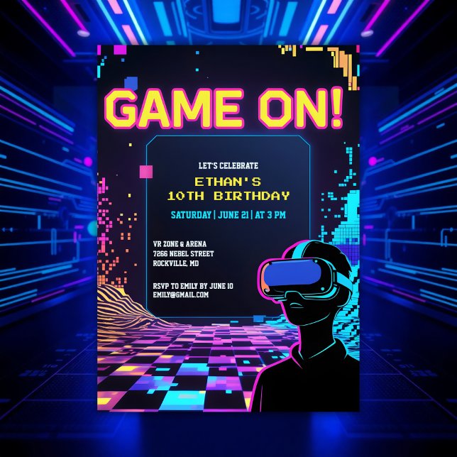 Coola Gamer Party Glitch Theme VR Birthday Inbjudningar (Cool Gamer Party Glitch Theme VR Birthday Invitation)