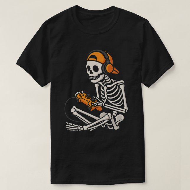 Coola Gamer Skeleton med hörlurar - roligt spel T Shirt (Design framsida)