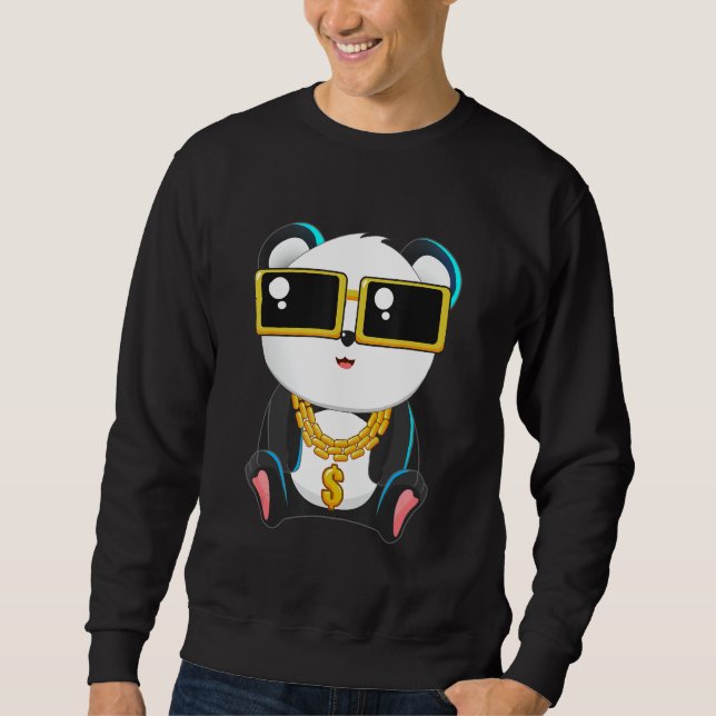 Coola Gangsta Panda Bear Bling Bling Hip hop Music Lång Ärmad Tröja (Framsida)
