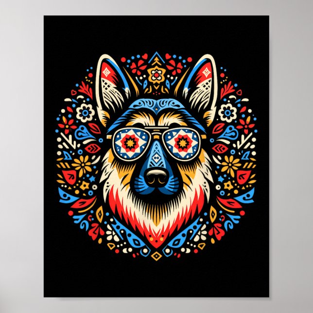 Coola German Shepherd Hund Folk Art Stil jul Poster (Framsidan)