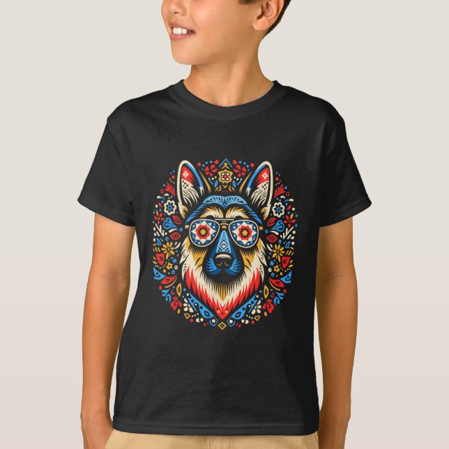 Coola German Shepherd Hund Folk Art Stil jul T Shirt (Framsida)