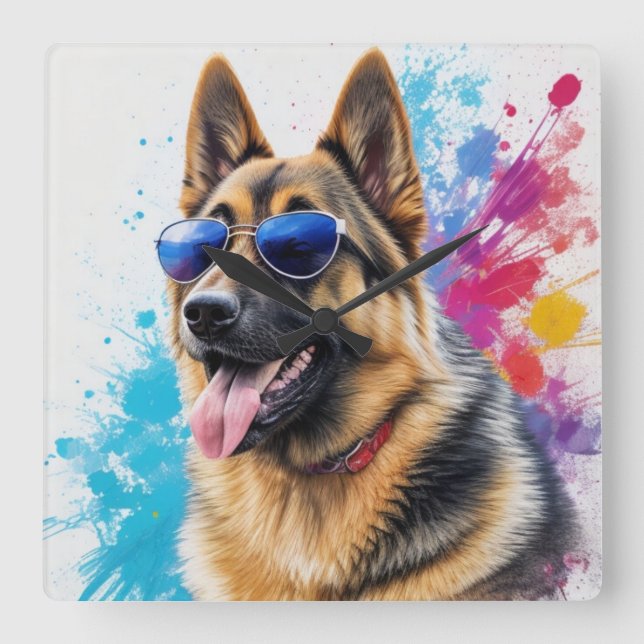 Coola German Shepherd Wearing Sunglasses Stänk Art Fyrkantig Klocka (Framsida)