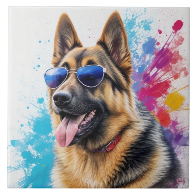 Coola German Shepherd Wearing Sunglasses Stänk Art Kakelplatta (Framsidan)