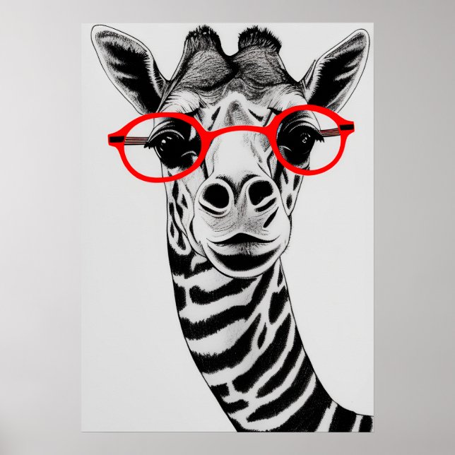 Coola Giraffe in Red Glasses Giraffe Teckning Art Poster (Framsidan)