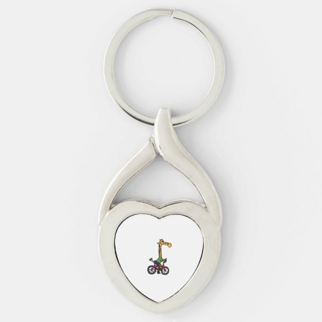 Coola Giraffe Riding Bicycle Twisted Heart Silverfärgad Nyckelring (Framsidan)