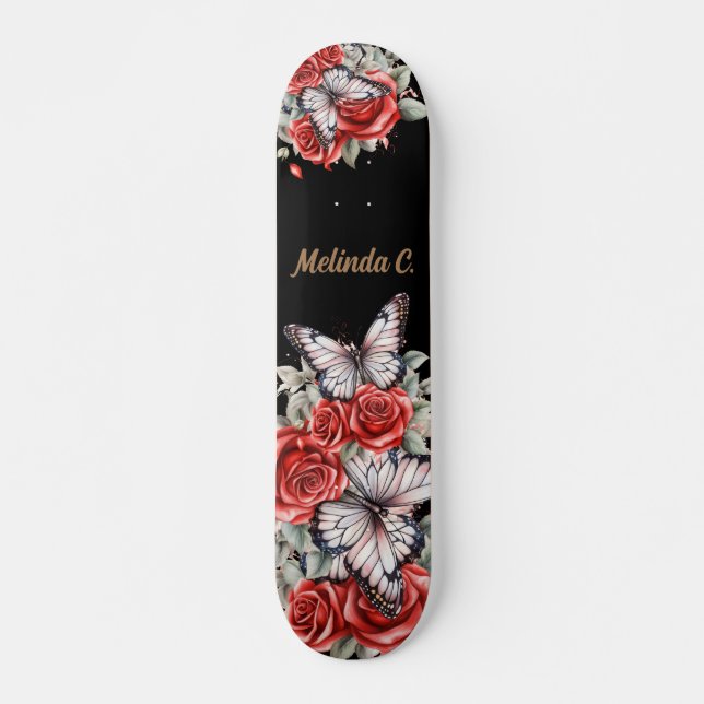 Coola Girly Röd ros & Butterfly Skate Deck (Framsida)