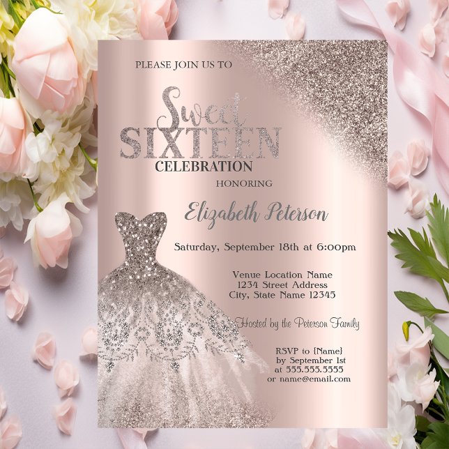 Coola Glitter Bokeh Dress Ro Guld Sweet 16 Inbjudningar (Skapare uppladdad)