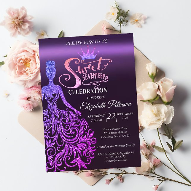 Coola Glitter Bokeh,Dress,Tiara,Lila Sweet 17 Inbjudningar (Skapare uppladdad)