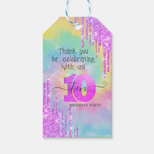 Coola Glitter Drips Tie Dye 10th Birthday Presentetikett (Framsidan)