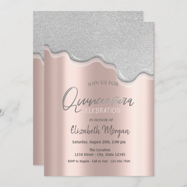 Coola Glitter Drives Ro Guld Quinceañera Inbjudningar (Fram/baksida)