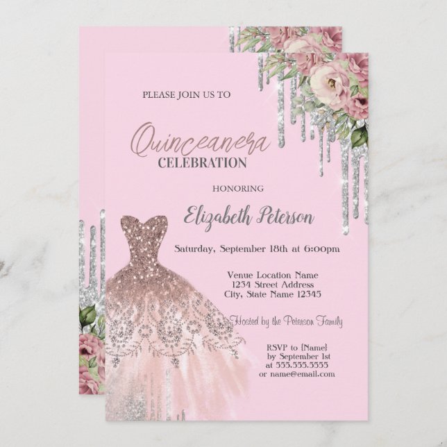 Coola Glitter-drivrutiner,Rosa för Blommigt av pre Inbjudningar (Fram/baksida)