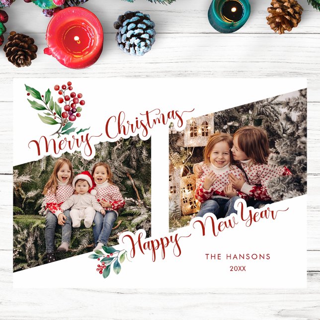 Coola God jul Calligraphy Holly 2-Photo Julkort (Skapare uppladdad)