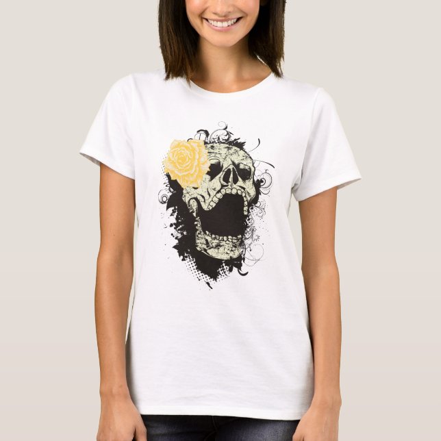 Coola gothic skalle och gul ros anpassningsbar t-s t-shirt (Framsida)