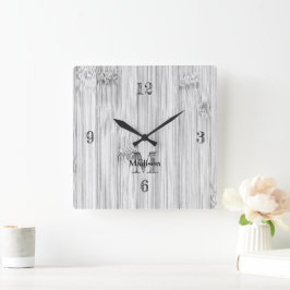 Coola grått bamboo wood print Monogram Fyrkantig Klocka